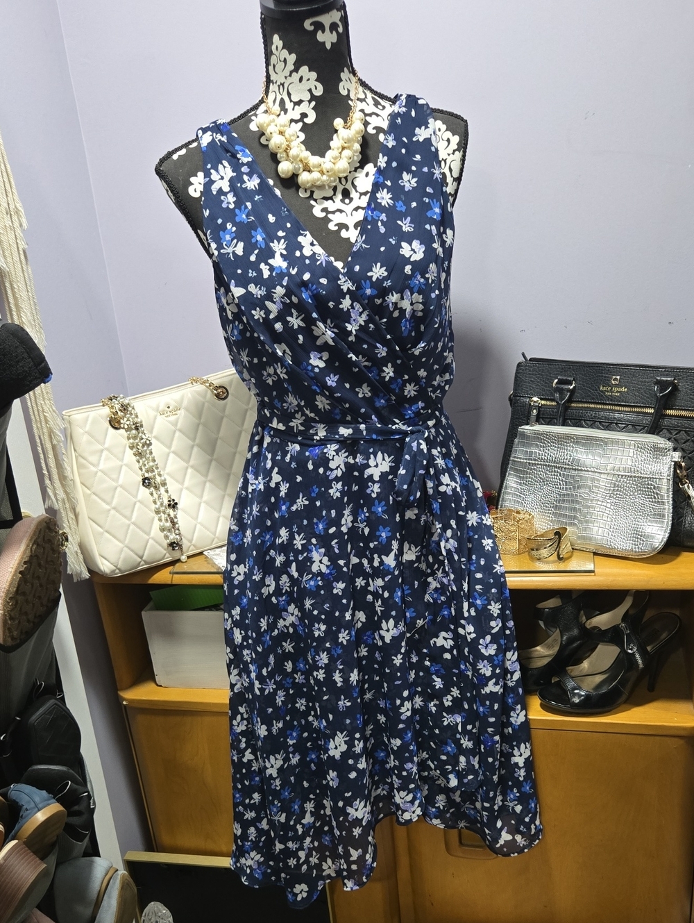 DKNY Navy Blue Floral Wrap Midi Dress